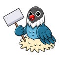 Cute slaty blue love bird cartoon holding blank sign Royalty Free Stock Photo