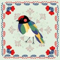 folklore bird with patterns and flowers made in the style of folklore on a light green background. graphics
