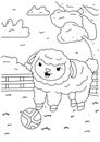 Children coloring book sheep play ball in nature field