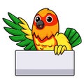 Cute yellow and green parrot lovebird cartoon waving hand