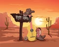 Western flat illustration cowboy concept guitar hat in desert west town sunset