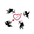 cupid icon set. love and valentine\'s day symbol. Cupid shooting arrow. black silhouette image Royalty Free Stock Photo