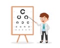 Eye test clipart cartoon style. Ophthalmologist doctor pointing at eye test chart checking vision flat vector illustration Royalty Free Stock Photo