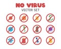 No virus vector set. Colorful virus, bacteria, and germs with banned sign clipart cartoon flat style