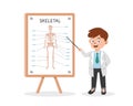 Skeletal System clipart cartoon style. Doctor presenting human skeletal system medical seminar flat vector illustration Royalty Free Stock Photo