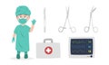 Surgeon doctor clipart cartoon style. Surgeon with surgical equipments flat vector illustration