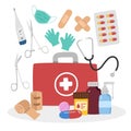 First aid kit clipart cartoon style. Doctor bag with many first aid elements flat vector illustration hand drawn