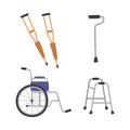 Set of rehabilitation tools clipart cartoon style. Crutch, cane, wheelchair, walking frame flat vector set illustration