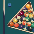 background for billiard tournament poster. Vector design of billiard balls on green table and triangular rack Royalty Free Stock Photo