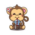 cute monkey drink boba milk tea cartoon vector illustration. Royalty Free Stock Photo