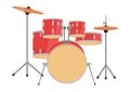 Red drum set vector design. Drum kit flat style vector illustration. Drum set with cymbals musical instruments