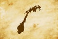 Brown map of Country Norway isolated on old paper grunge texture background - vector Royalty Free Stock Photo