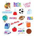 Back to school and friendship icons such as football, basketball, rugby ball, juice, colour painting