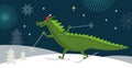 Cute green cartoon Dragon is skying. New Year 2024 of the Dragon on the eastern calendar. Horizontal banner Royalty Free Stock Photo