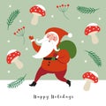 Cute Chrismas Gnome and amanita mushrooms. Happy Holidays. Greeting card