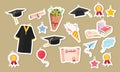 Graduation clipart cartoon stickers set. Graduation gown, cap, diploma, confetti, ribbon, flower bouquet stickers vector design