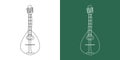 Mandolin line drawing cartoon style. String instrument mandolin clipart drawing in linear style on white and chalkboard background