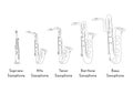 Types of saxophone line drawing vector set. Soprano, alto, tenor, baritone bass saxophone cartoon style, line art hand drawn