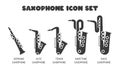 Types of saxophone flat web icon set. Saxophone logo. Soprano, alto, tenor, baritone, bass saxophone types silhouette solid black