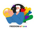 Man with a peace symbol and LGBT colored hearts. Flat vector Pride month illustrations of free love and peace