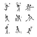 Racquet sports icon pictogram vector set. Stick figure men sports players vector icon sign symbol. Badminton, tennis, baseball