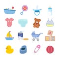 Baby shower vector set. Bathtub, rattle, pacifier, baby bottle, diaper, milk formula, safety pin clipart cartoon style flat design