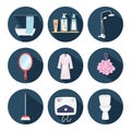 Vector set of Bathroom flat icons with long shadows. Bathtub, lotion, shampoo, shower, bathrobe, heater, toilet flat illustration