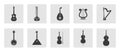 String instruments icon set. Guitar, violin, cello, lute, harp, lyre silhouette sign icon symbol pictogram vector illustration