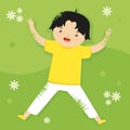 Little boy jumping in the meadow with flowers. Royalty Free Stock Photo