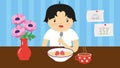 Boy eating strawberries in the kitchen. Vector illustration. Royalty Free Stock Photo