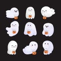 set of Little cute ghosts holding pumpkin Happy Halloween watercolor Halloween scary ghostly monsters