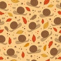 Autumnal seamless pattern with snail, acorn and Autumn leaves