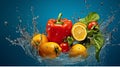 Fresh vegetables and fruits in water splash on blue background Royalty Free Stock Photo