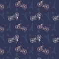 Paris seamless pattern with Hand drawn sketch elements - eiffel tower rose and bicycle. Royalty Free Stock Photo