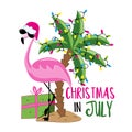 Christmas in July - Flamingo in Santa\'s hat. Palm tree decorated with Christmas lights garland, isolated on white background Royalty Free Stock Photo