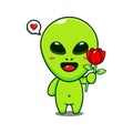 cute alien holding rose flower cartoon vector illustration. Royalty Free Stock Photo