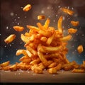 Golden French fries flying