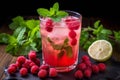 Red cocktail with ice cubes, lime and water splash