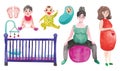 Vector watercolor pregnancy illustration set isolated characters Royalty Free Stock Photo