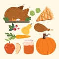 Thanksgiving food collection vector set, autumn vegetables and fruits Royalty Free Stock Photo