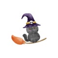 watercolor Cute black cat wearing witch hat on broomstick Halloween party element vector llustration on white background. Royalty Free Stock Photo