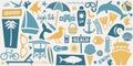 Retro Beach Icons and Symbols, Summer Vacation Illustration, Coastal Design in Nautical Colors