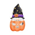 Watercolor cute gnome in pumpkin happy Halloween party vector illustration on white background. Royalty Free Stock Photo