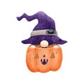 Watercolor cute gnome in pumpkin happy Halloween party vector illustration on white background. Royalty Free Stock Photo