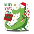 Merry Xmas - funny alligator or crocodile in Santa\'s hat, and with candy cane, Christmas present