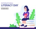 illustration vector graphic of a bespectacled woman sits hugging a book