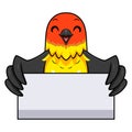 Cute western tanager bird cartoon holding blank sign