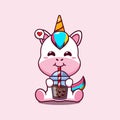 cute unicorn drink bubble milk tea cartoon vector illustration. Royalty Free Stock Photo