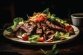 Healthy food, clean eating. Salad beef steaks, lettuce, arugula.GenerativeAI.