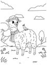 Colouring page for kid sheep and bird in the nature forest